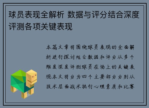 球员表现全解析 数据与评分结合深度评测各项关键表现