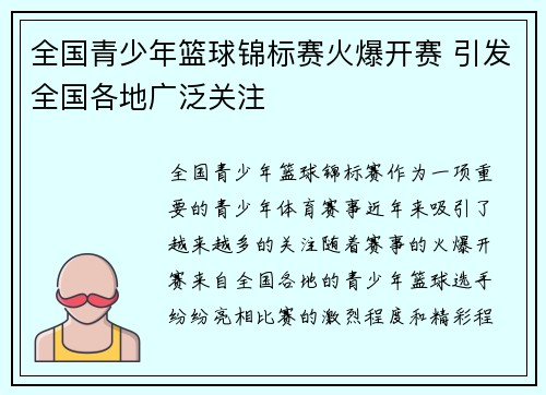 全国青少年篮球锦标赛火爆开赛 引发全国各地广泛关注