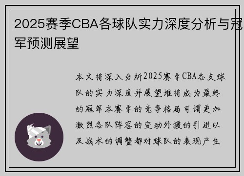 2025赛季CBA各球队实力深度分析与冠军预测展望